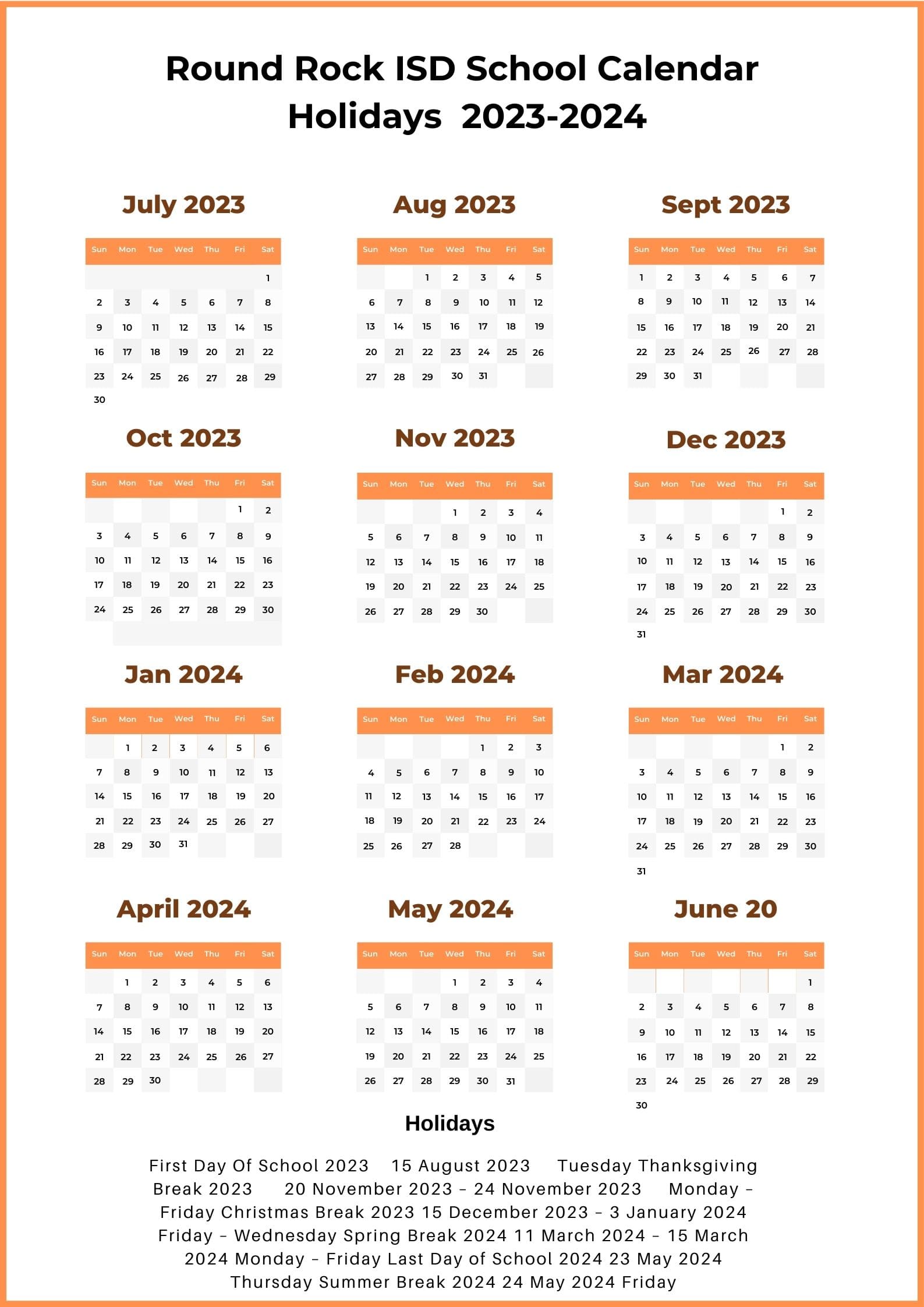 RRISD School Calendar & Holidays 2023-2024 [Round Rock ISD]