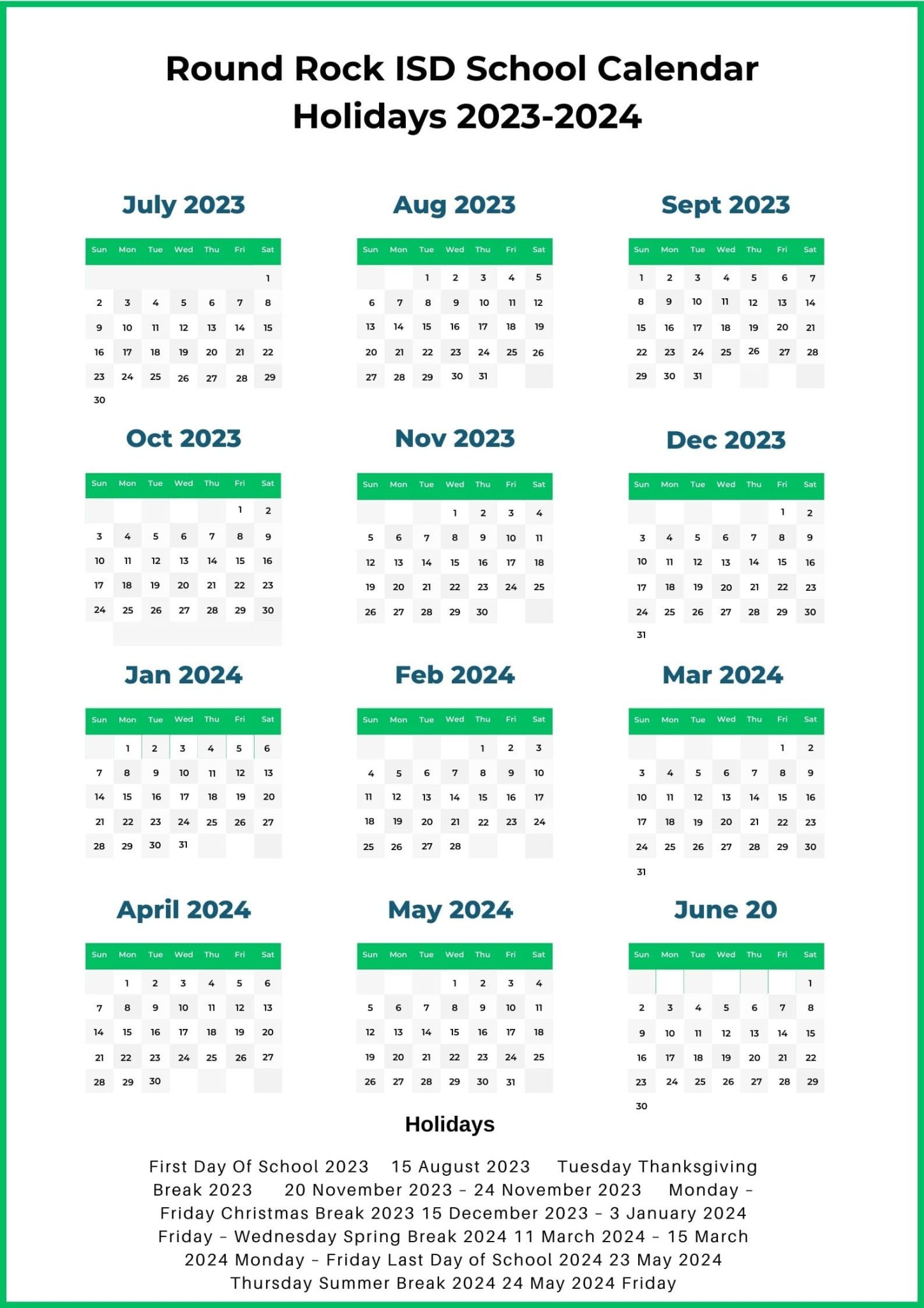 RRISD School Calendar & Holidays 20232024 [Round Rock ISD]