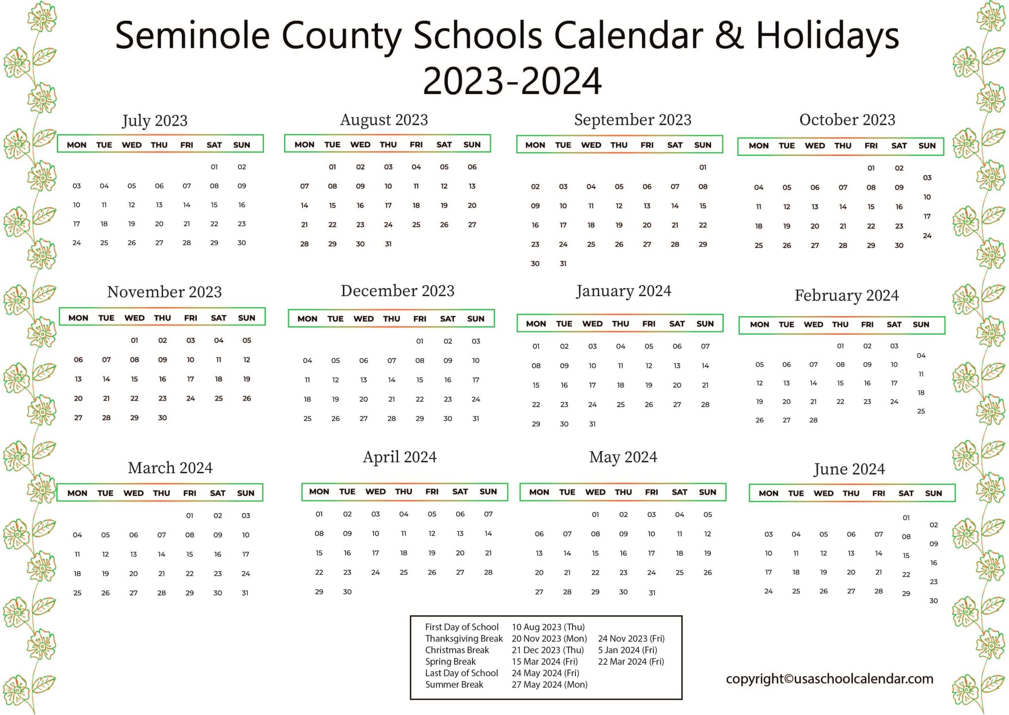 Seminole County Schools Calendar & Holidays 2023-2024