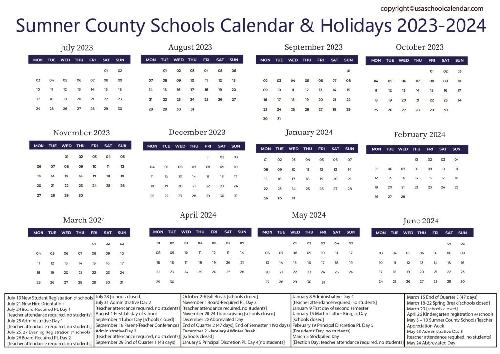 Sumner County School Calendar