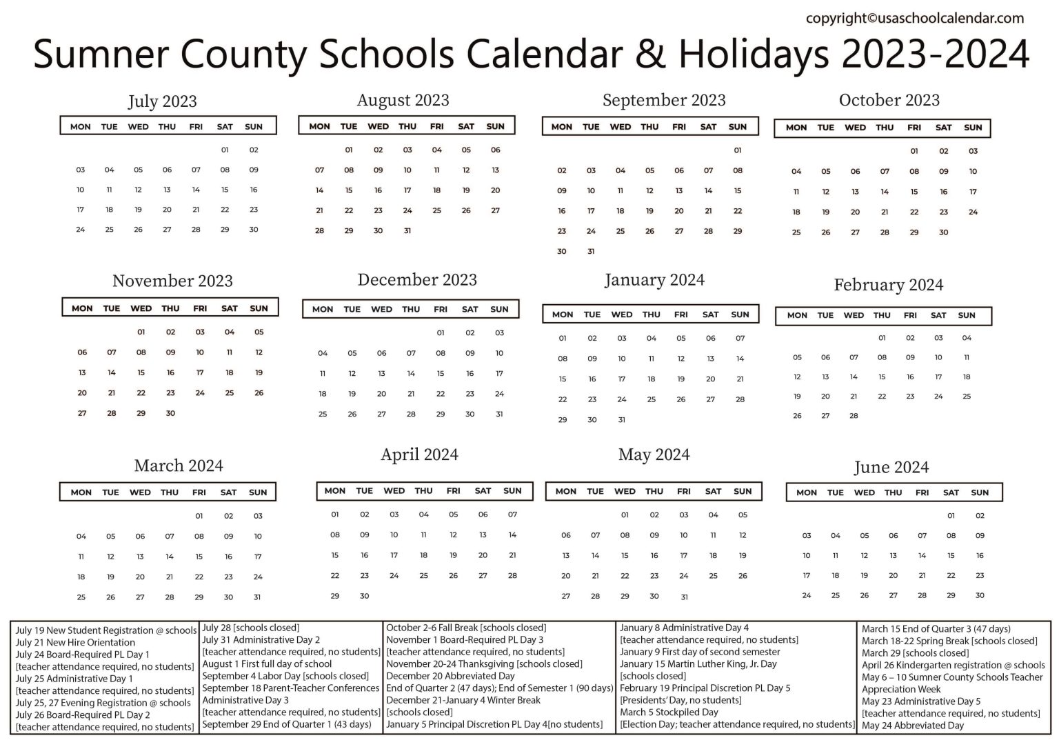 Sumner County Schools Calendar & Holidays 20232024