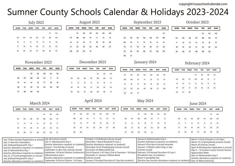 Sumner County Schools Calendar Holidays 2023 2024