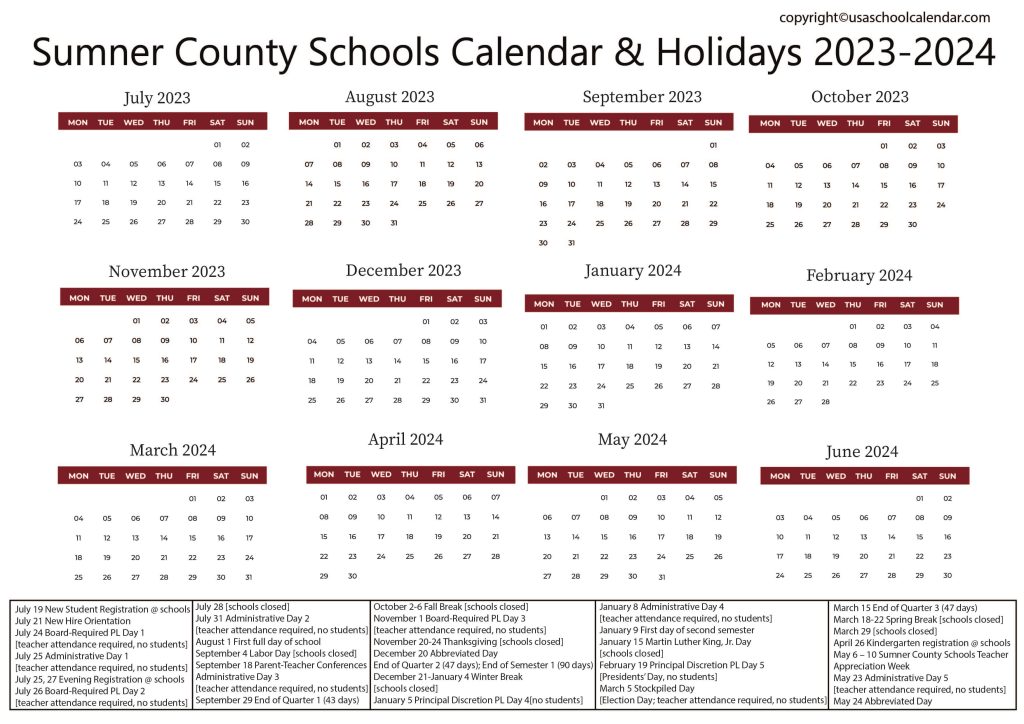 Sumner School Calendar