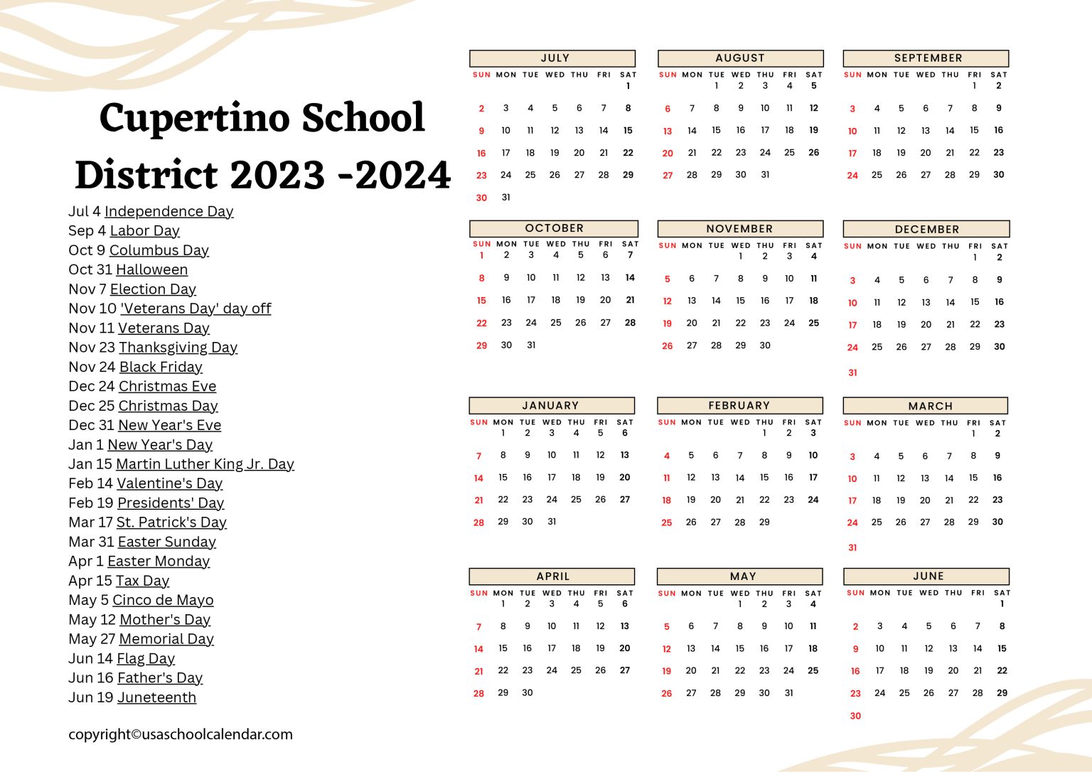 Cupertino School District Calendar Holidays 20232024 [CUSD]