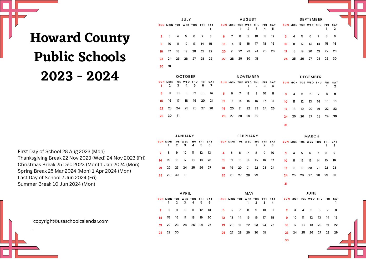 Howard County Public Schools Calendar 2023 2024 HCPSS