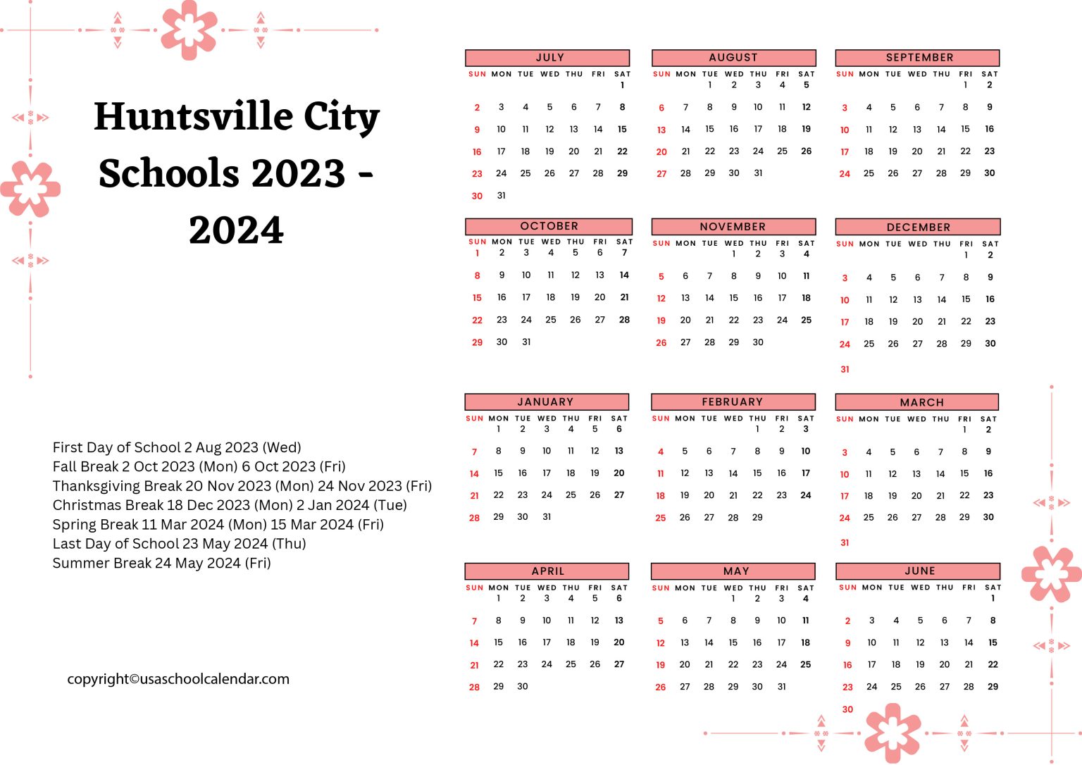 Huntsville City Schools Calendar & Holidays 20232024 [HCS]