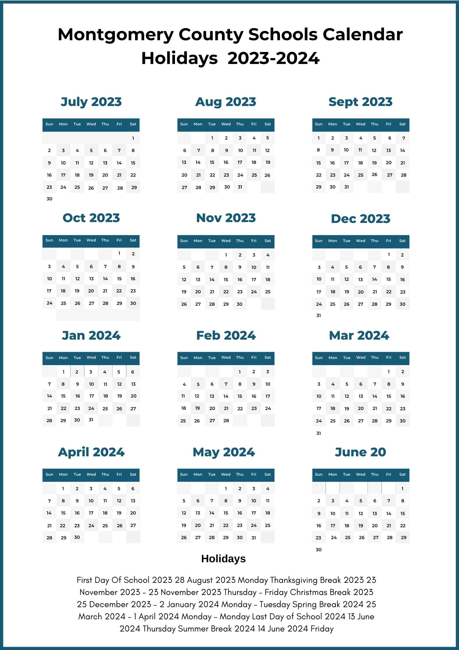 Montgomery County Schools Calendar Holidays 2023-2024 [MCPS]