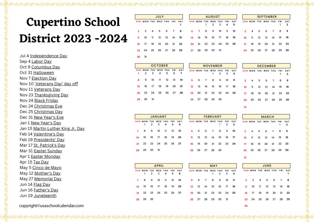 cupertino school district calendar