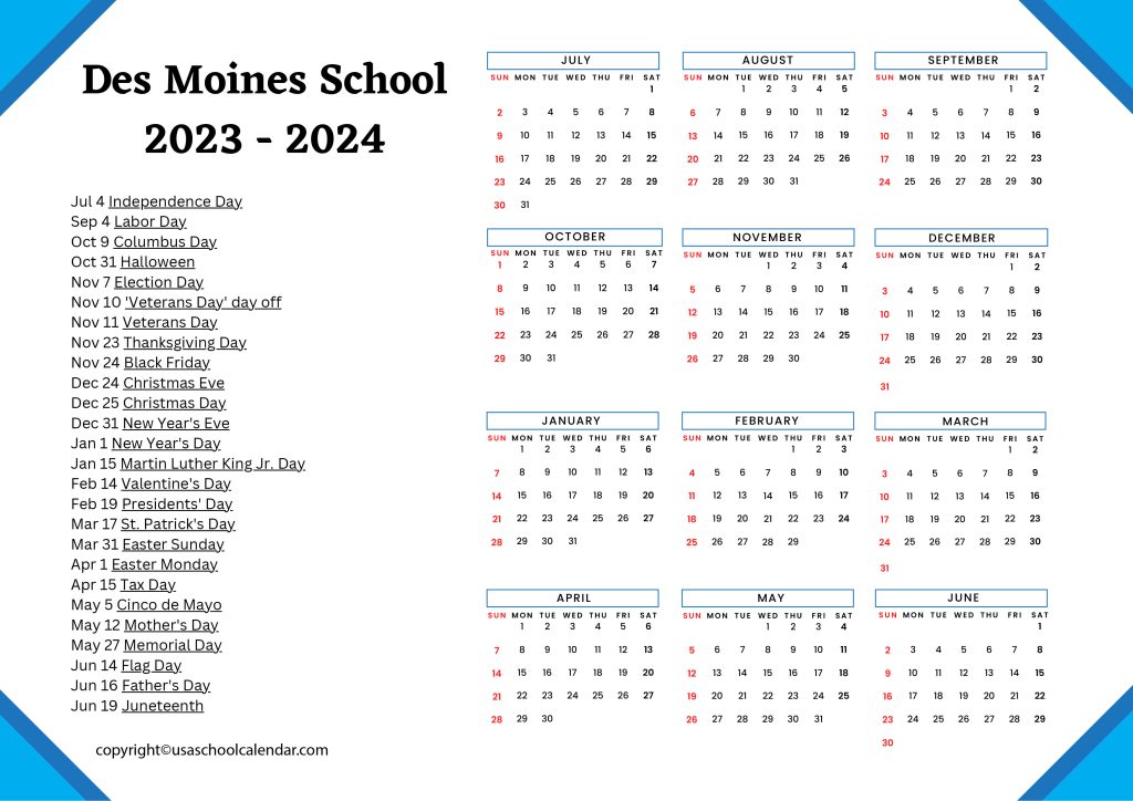 des moines school calendar