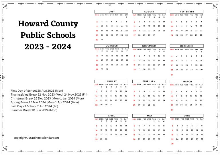 Howard County Public Schools Calendar 20232024 [HCPSS]