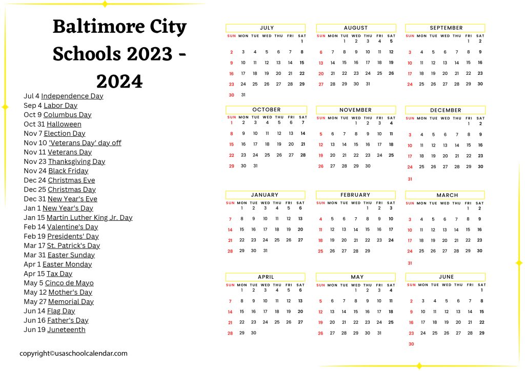 Baltimore City Schools Academic Calendar