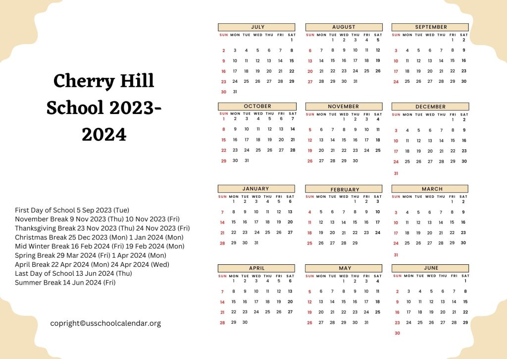 Cherry Hill School Calendar with Holidays