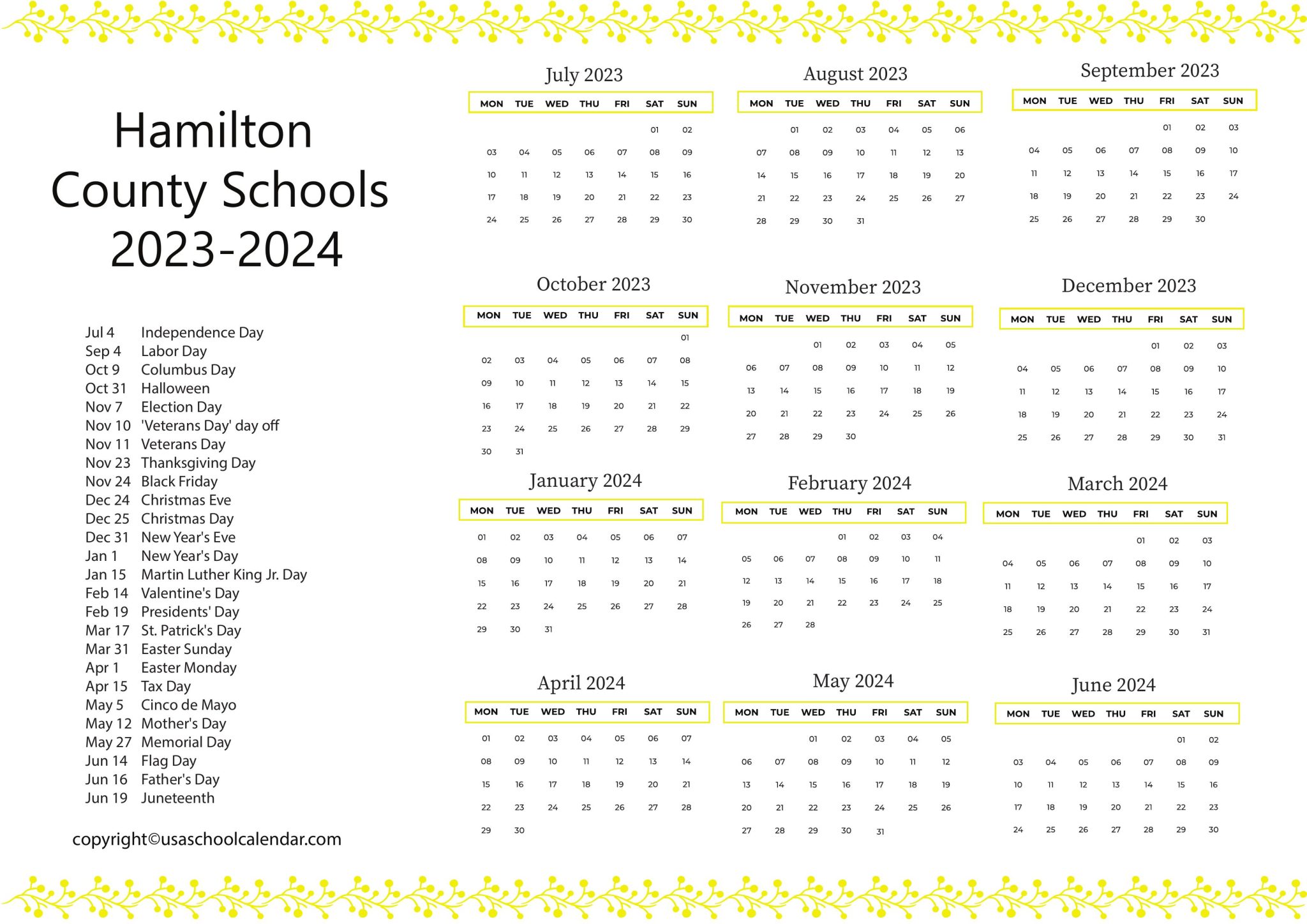 Hamilton County Schools Calendar Holidays 2023-2024