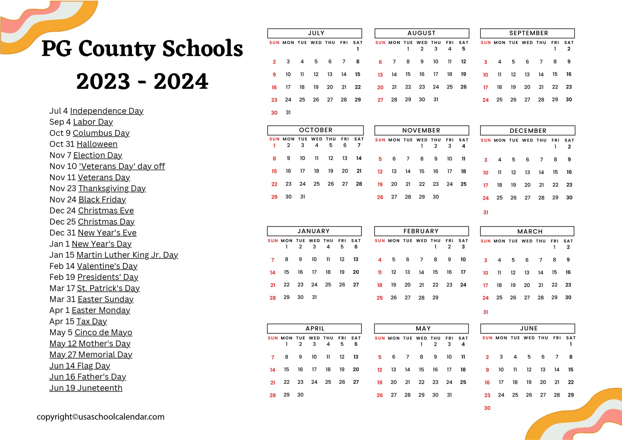PG County Schools Calendar Holidays 20232024