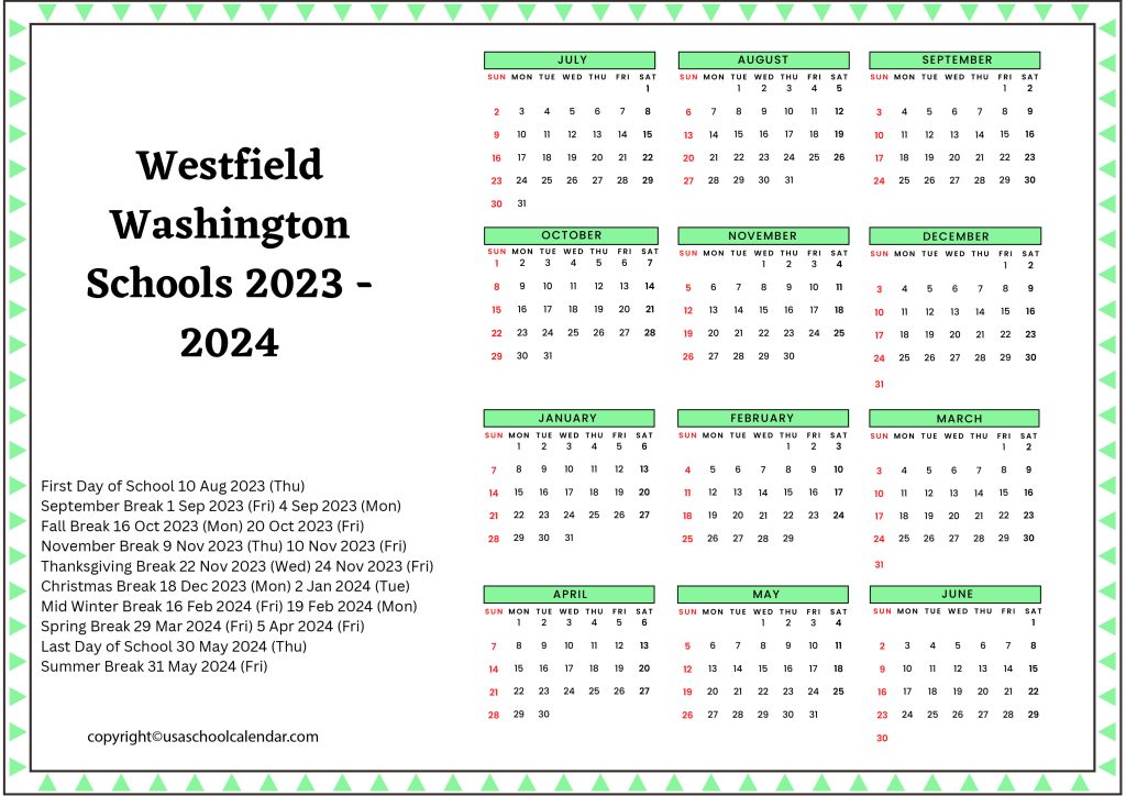 westfield washington schools calendar