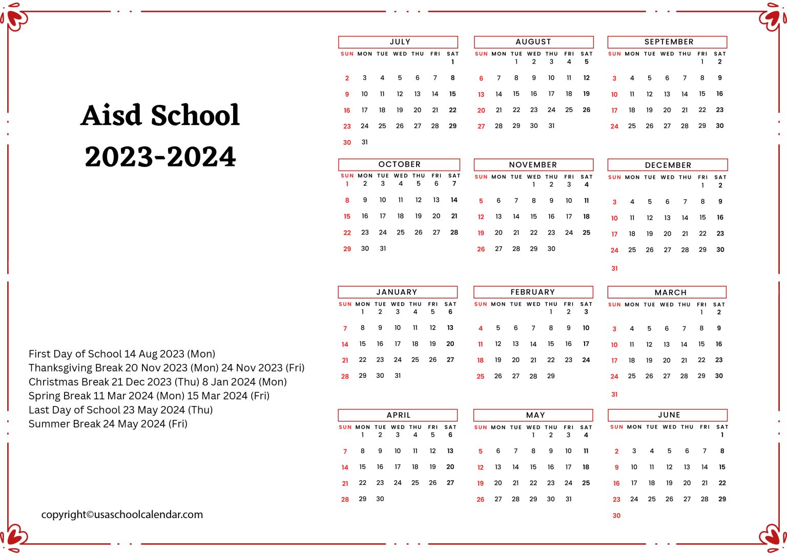 AISD School Calendar Holidays 20232024 [Austin ISD]