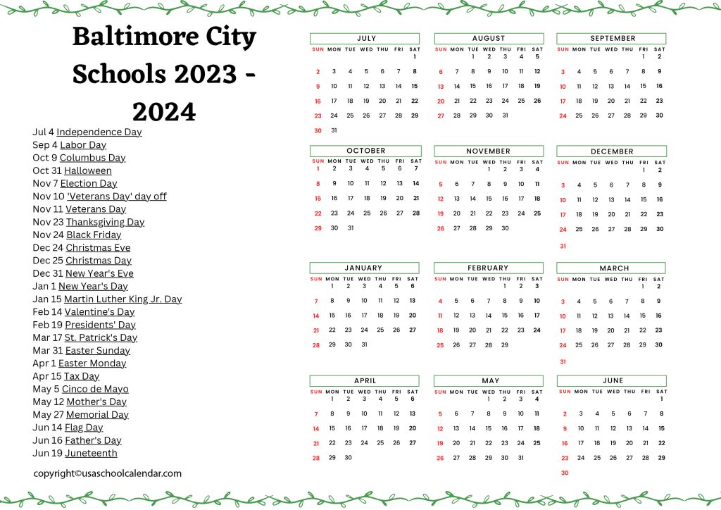 baltimore city schools calendar