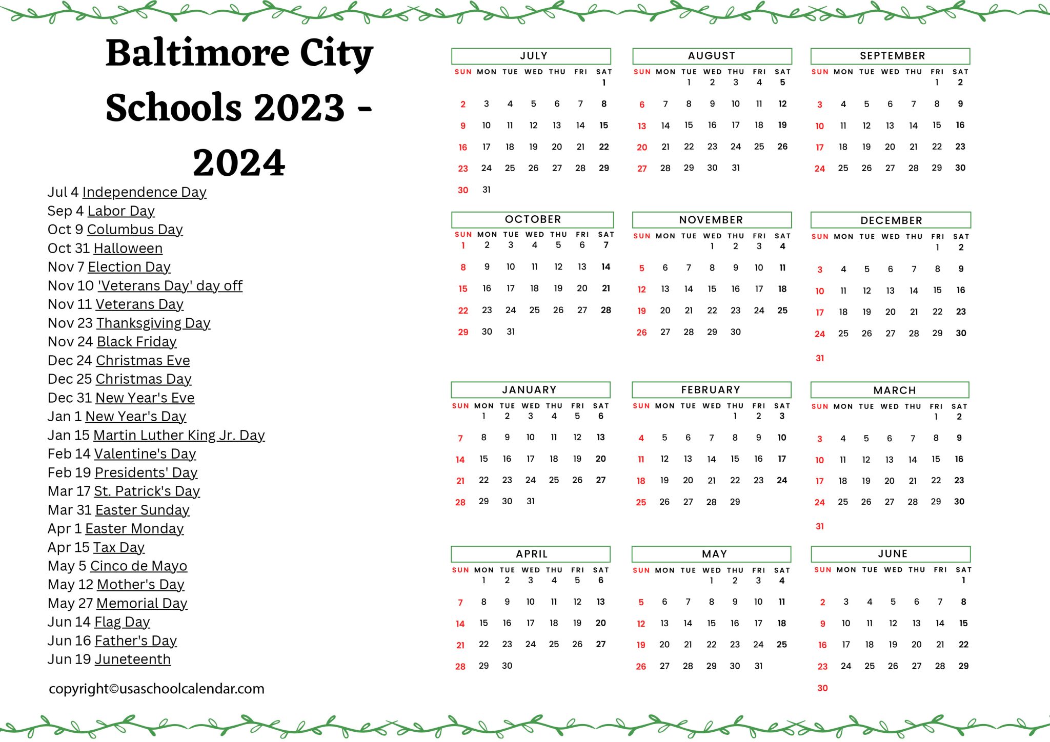 Baltimore City Schools Calendar Holidays 20232024