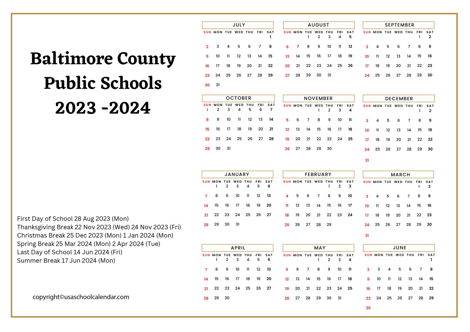 Baltimore County Public Schools Calendar Holidays 20232024