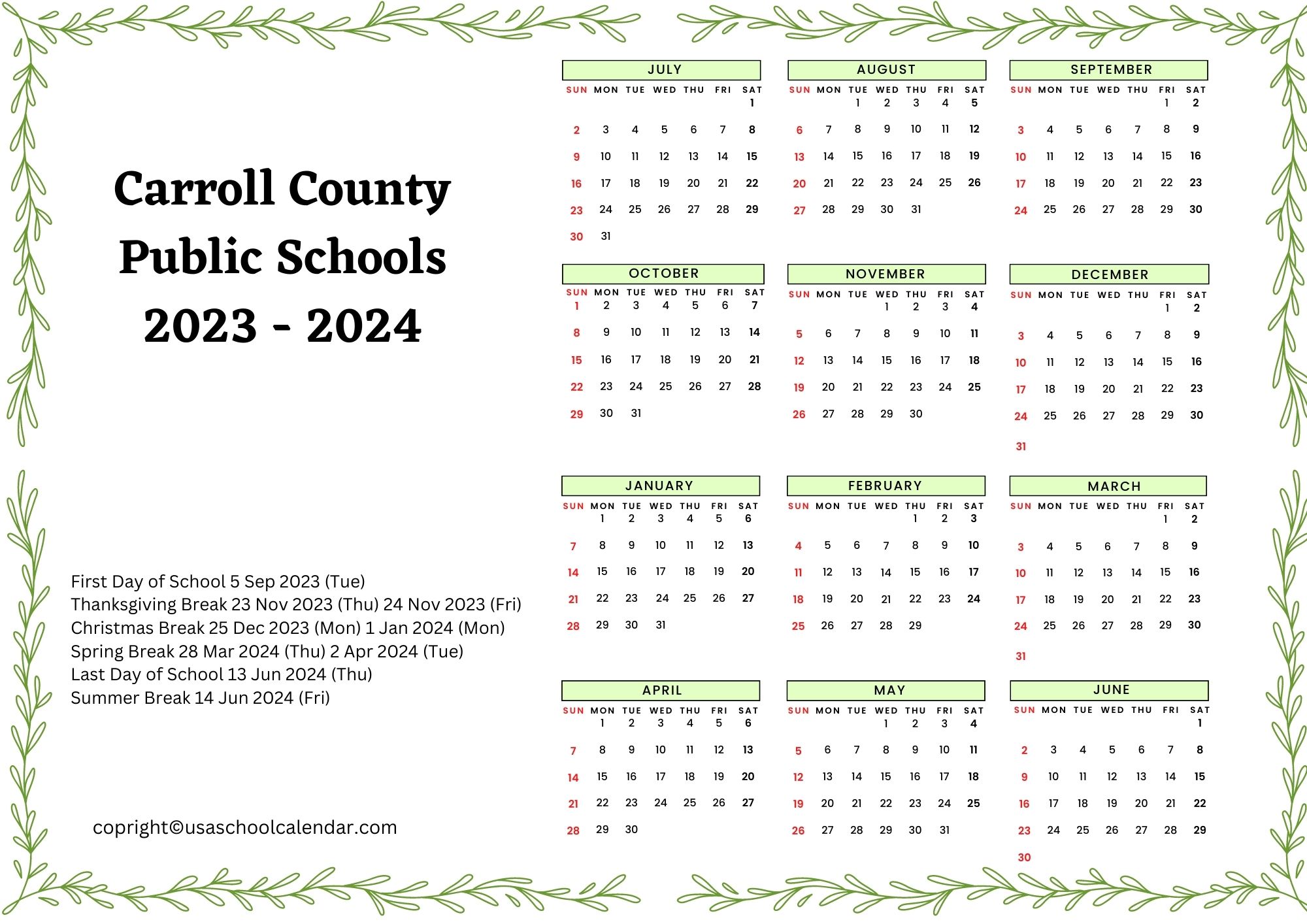 Carroll County Public Schools Calendar & Holidays 20232024