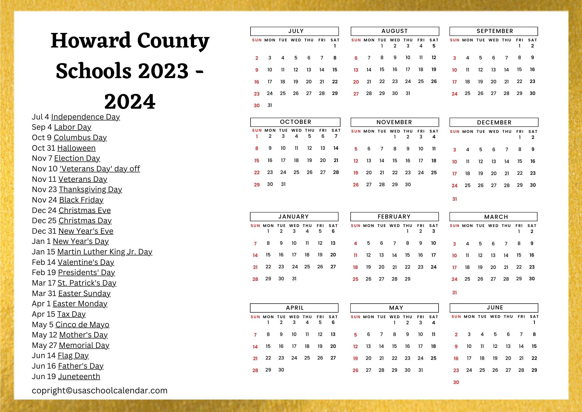 Howard County Schools Calendar Holidays 2023 2024