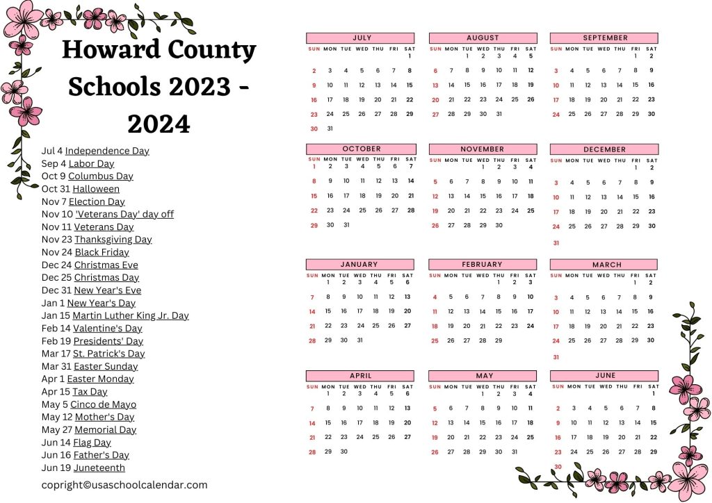 howard county schools calendar