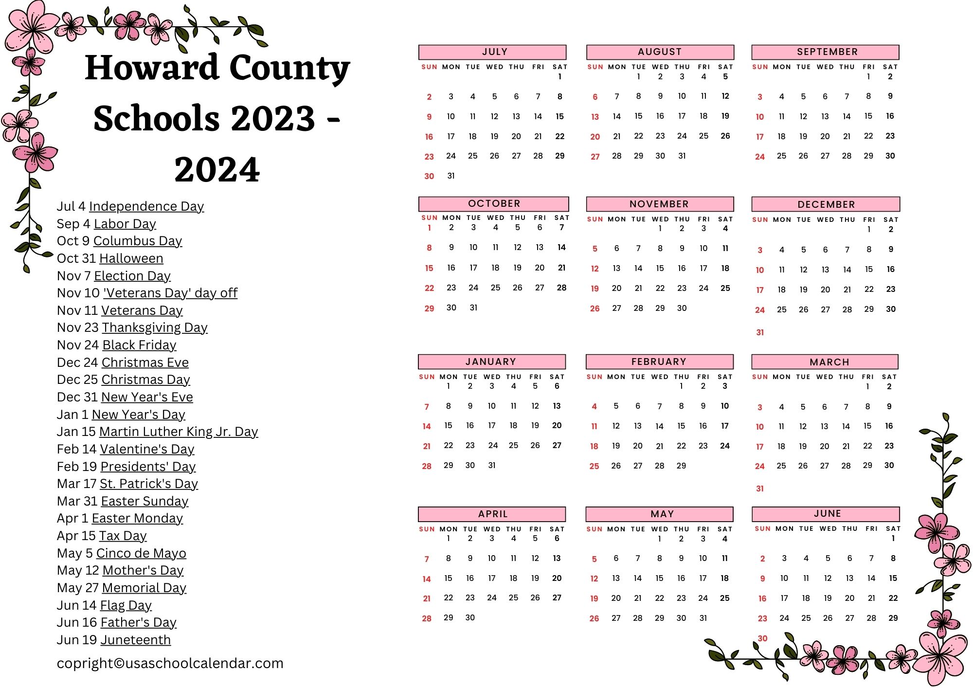 Howard County Schools Calendar Holidays 2023 2024