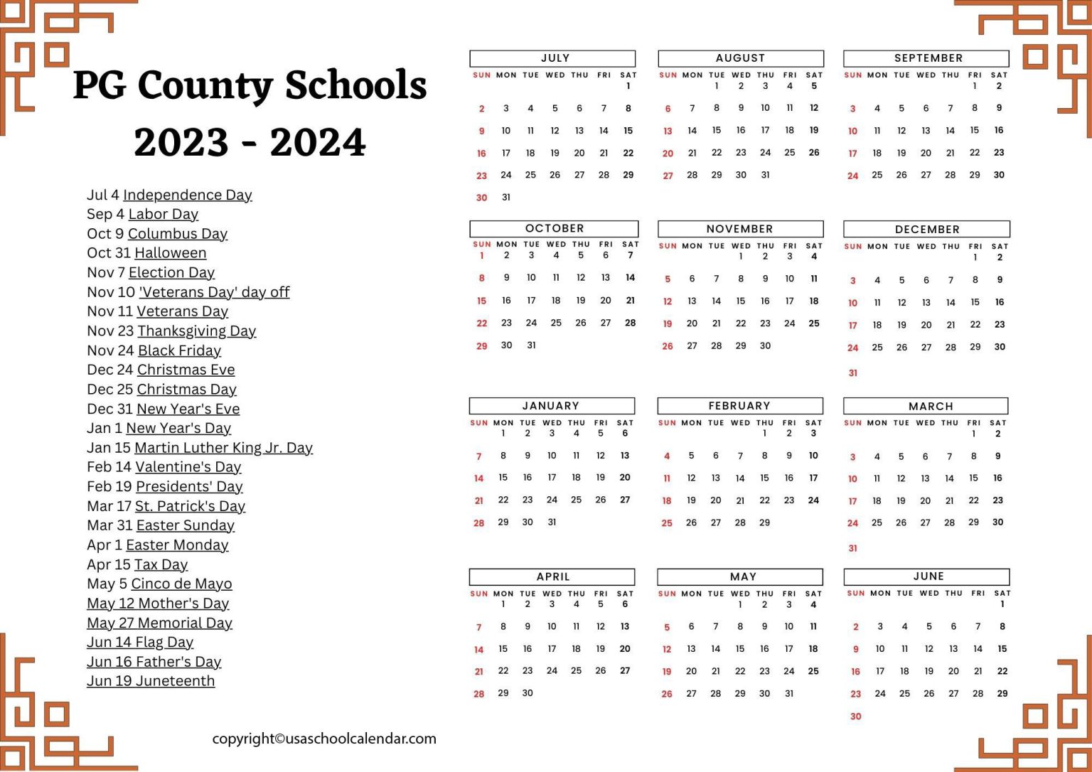 PG County Schools Calendar Holidays 2023 2024