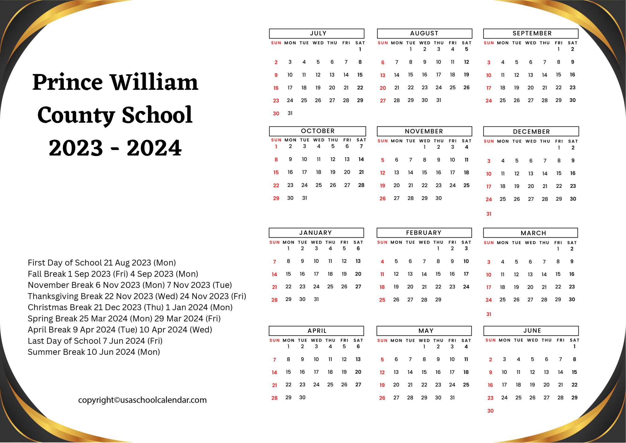 Prince William County School Calendar Holidays 2023 2024