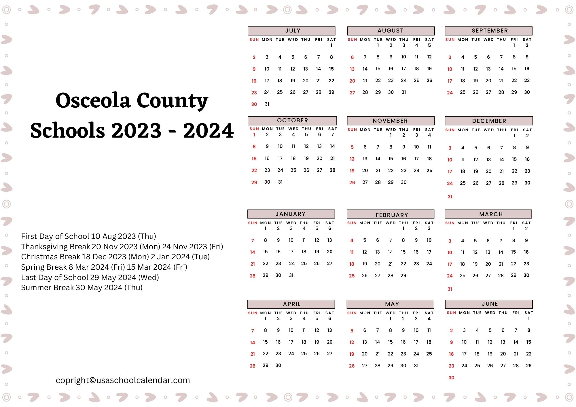 Osceola Academic Calendar 2024-2025 - Lian Coralie