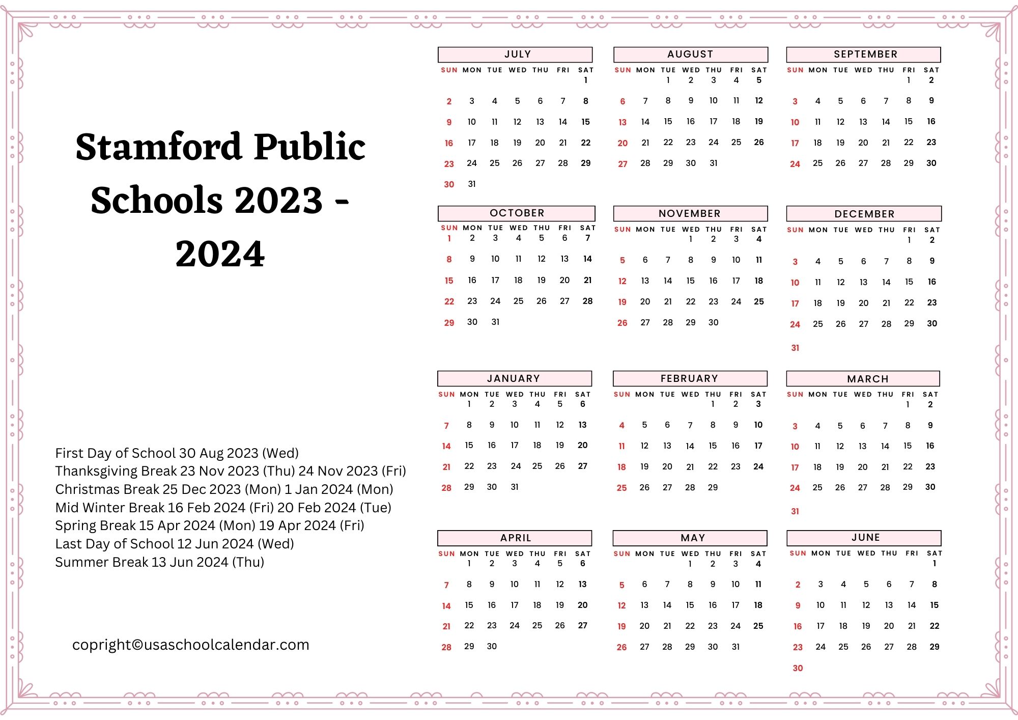 Stamford Public Schools Calendar & Holidays 20232024