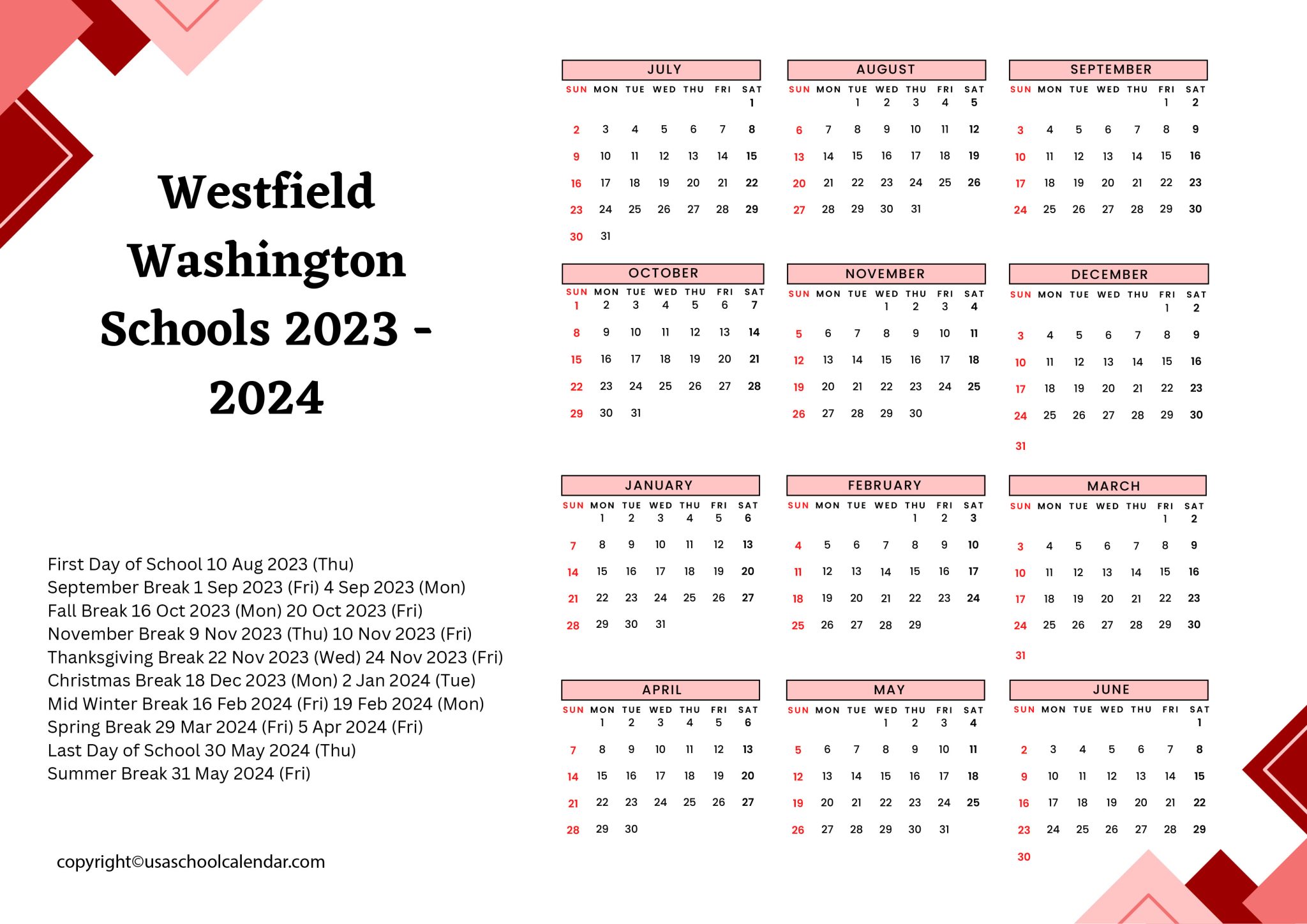 Westfield Washington Schools Calendar Holidays 20232024