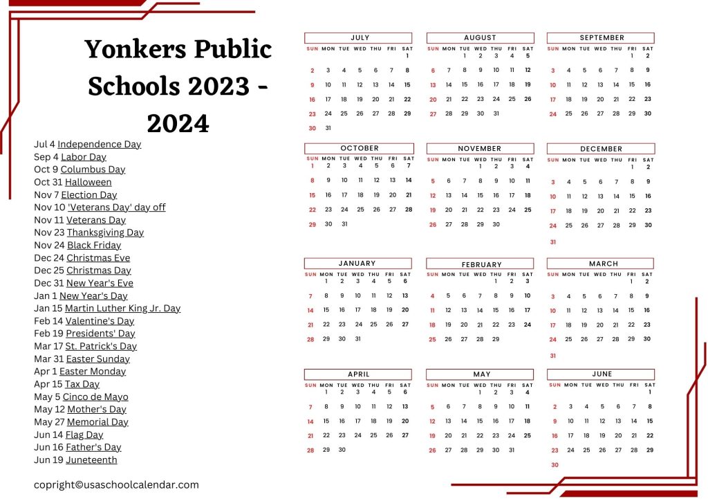 yonkers public school district calendar