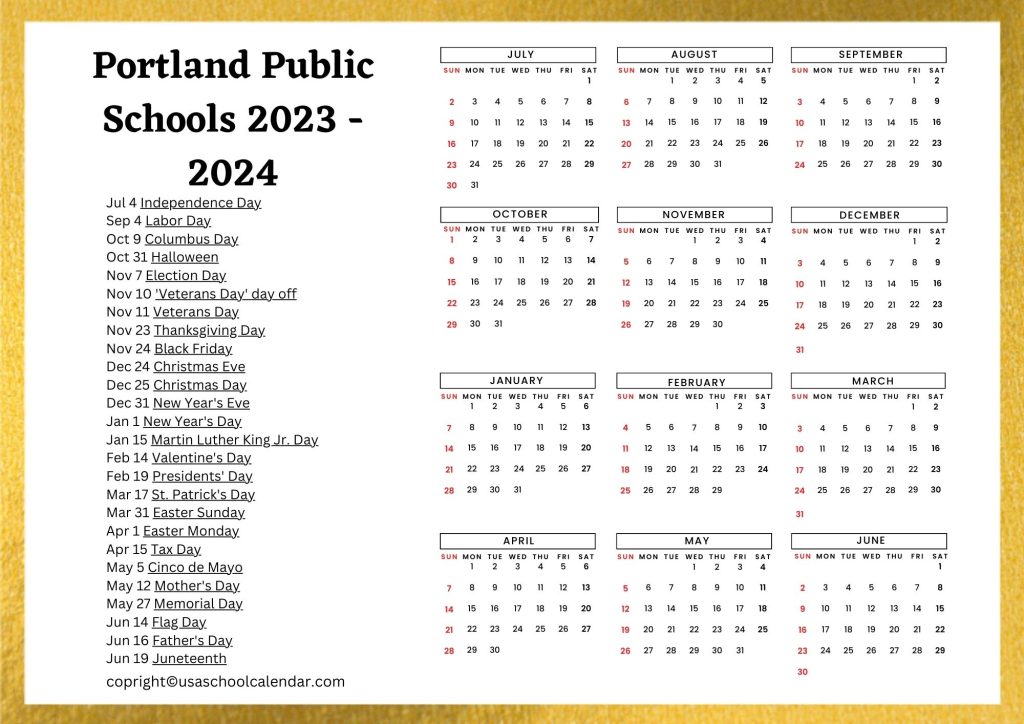 Portland Public Schools District Calendar